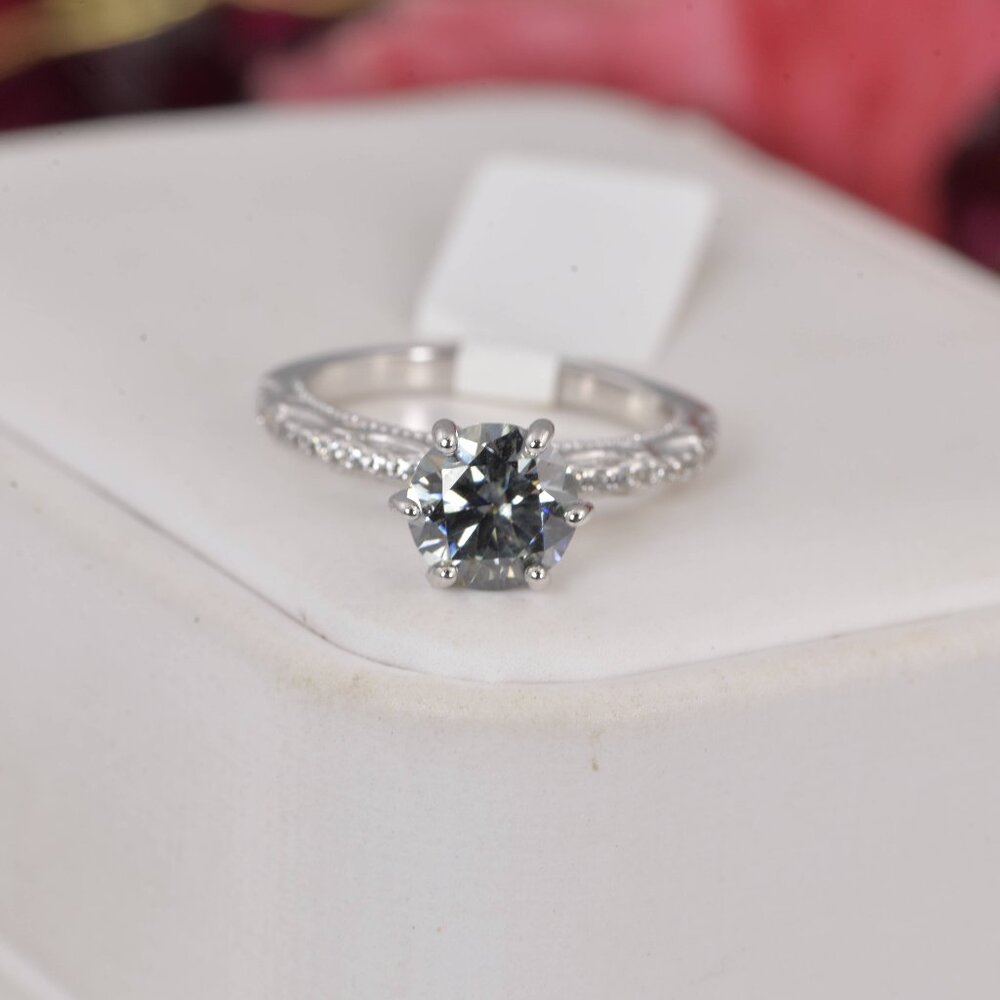 2ct Gray Moissanite Certified Round Brilliant Cut Engagement Ring 925 Sterling